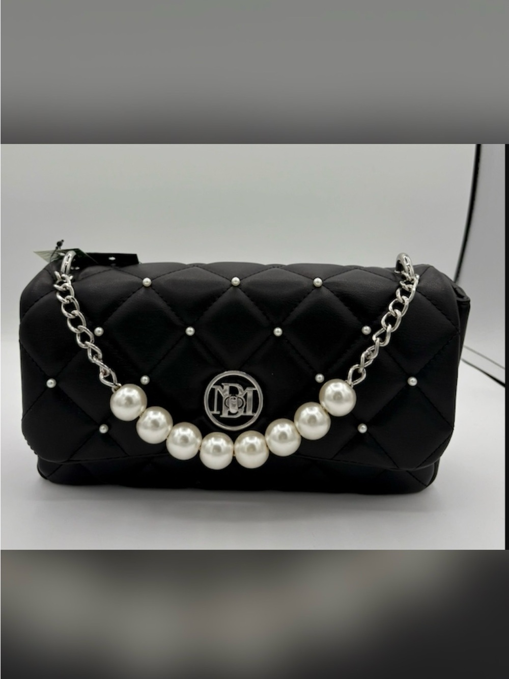NWT Badgley Mischka Black Quilted Shoulder Bag with Stud Accents and Pearl Chain